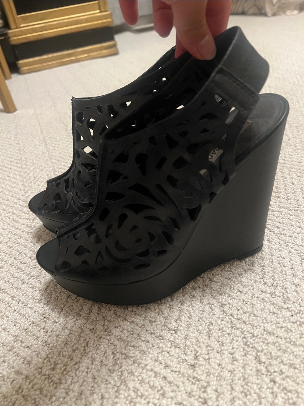 Steve Madden Women's Black Laser-Cut Wedge Sandals